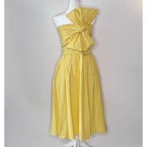CAROLINA HERRERA Strapless Midi Dress Women's 6 Yellow Bow Summer Designer